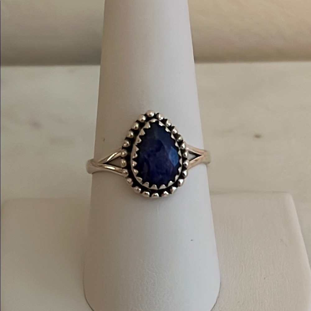 925 Solid Sterling Silver Pear Faceted Sapphire Gemstone Ring Various Sizes